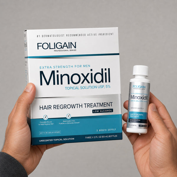 FOLIGAIN® Minoxidil 5% Haarwuchsmittel mit niedrigem Alkoholgehalt für Männer 12-Monats-Vorrat