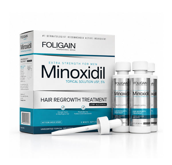 Traitement de repousse des cheveux FOLIGAIN® Minoxidil 5% à faible teneur en alcool pour hommes, traitement de 3 mois